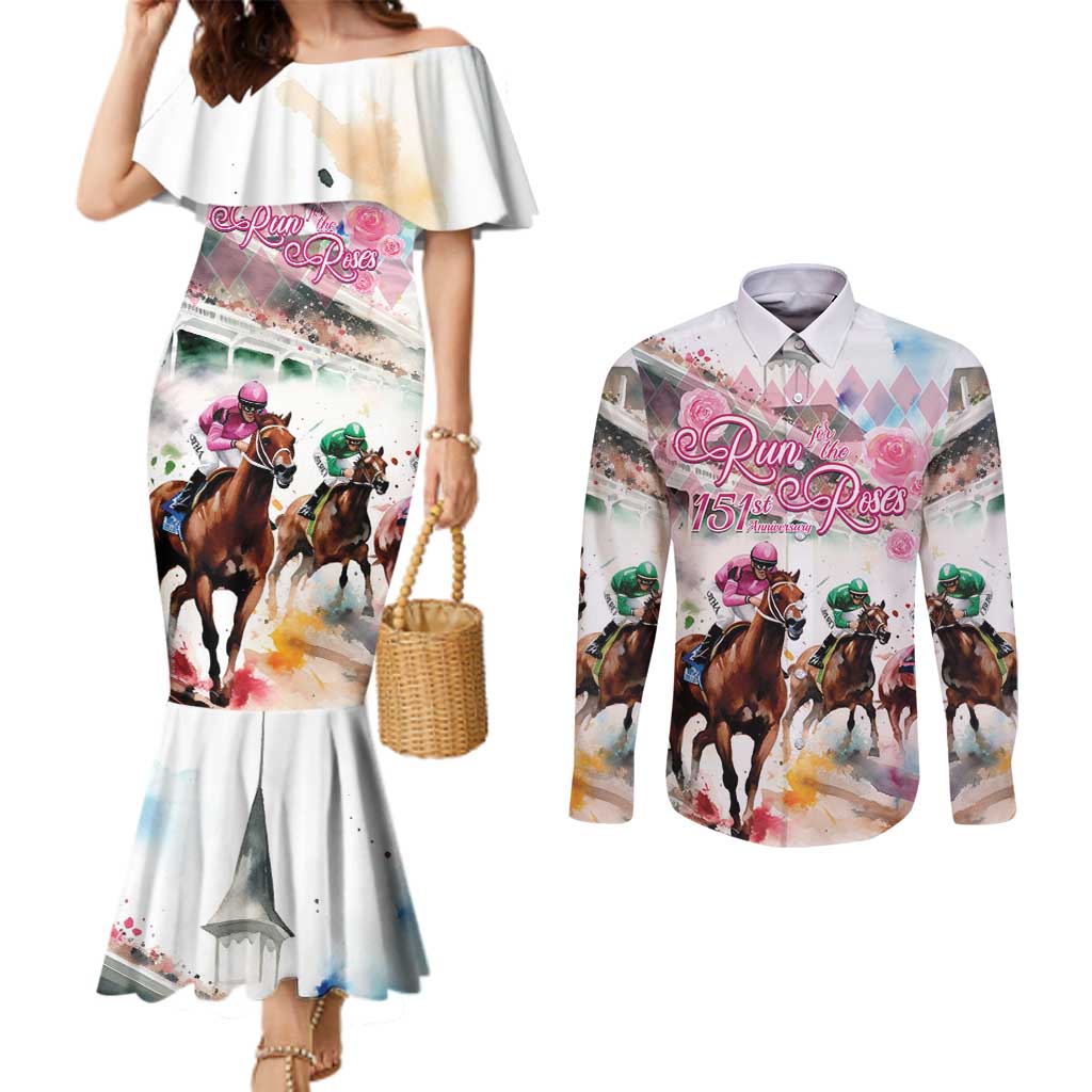Personalized Kentucky Horse Racing Couples Matching Mermaid Dress and Long Sleeve Button Shirt 151st Anniversary Run For The Roses