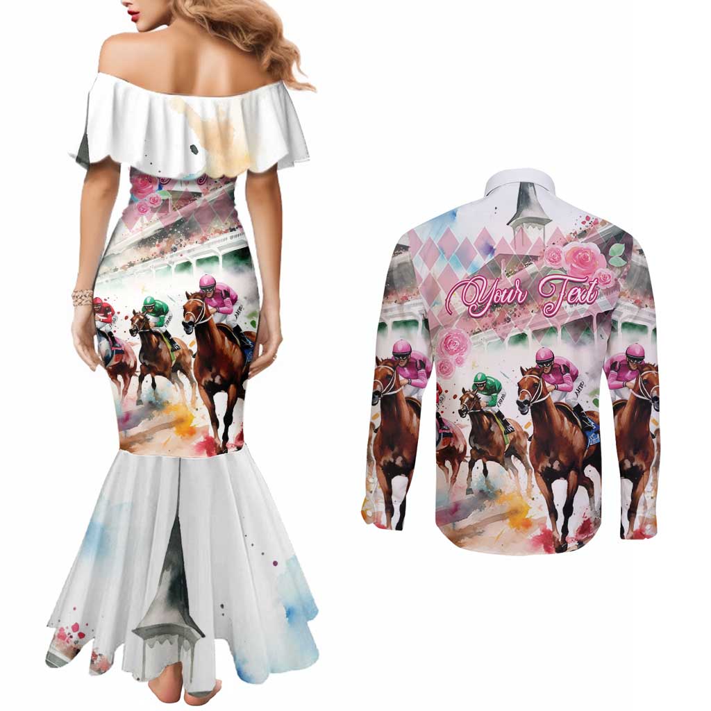 Personalized Kentucky Horse Racing Couples Matching Mermaid Dress and Long Sleeve Button Shirt 151st Anniversary Run For The Roses