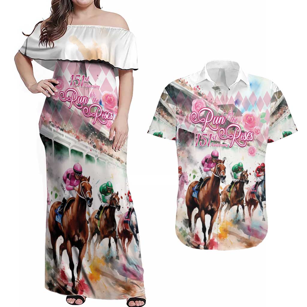 Personalized Kentucky Horse Racing Couples Matching Off Shoulder Maxi Dress and Hawaiian Shirt 151st Anniversary Run For The Roses