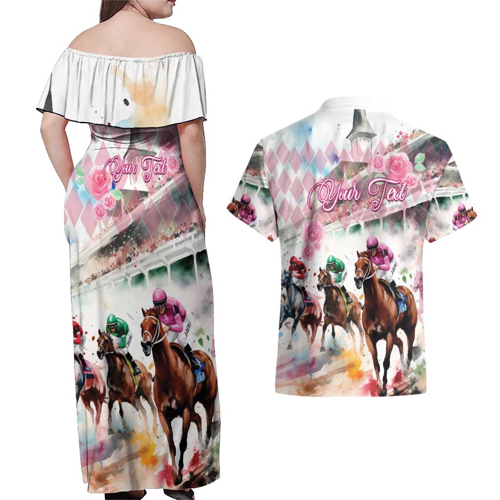 Personalized Kentucky Horse Racing Couples Matching Off Shoulder Maxi Dress and Hawaiian Shirt 151st Anniversary Run For The Roses