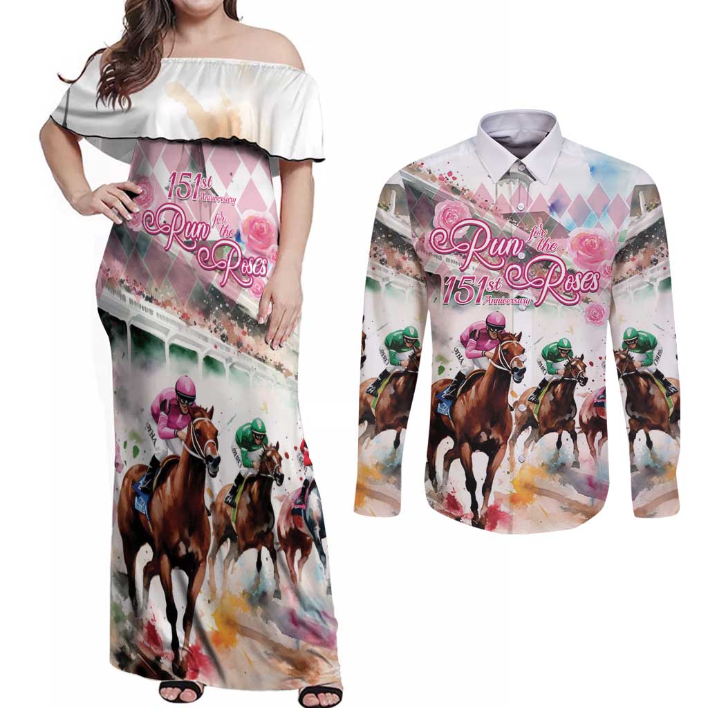 Personalized Kentucky Horse Racing Couples Matching Off Shoulder Maxi Dress and Long Sleeve Button Shirt 151st Anniversary Run For The Roses