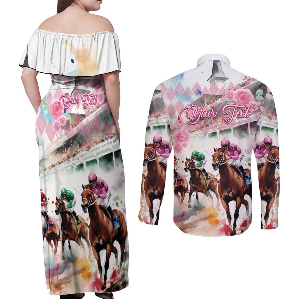 Personalized Kentucky Horse Racing Couples Matching Off Shoulder Maxi Dress and Long Sleeve Button Shirt 151st Anniversary Run For The Roses