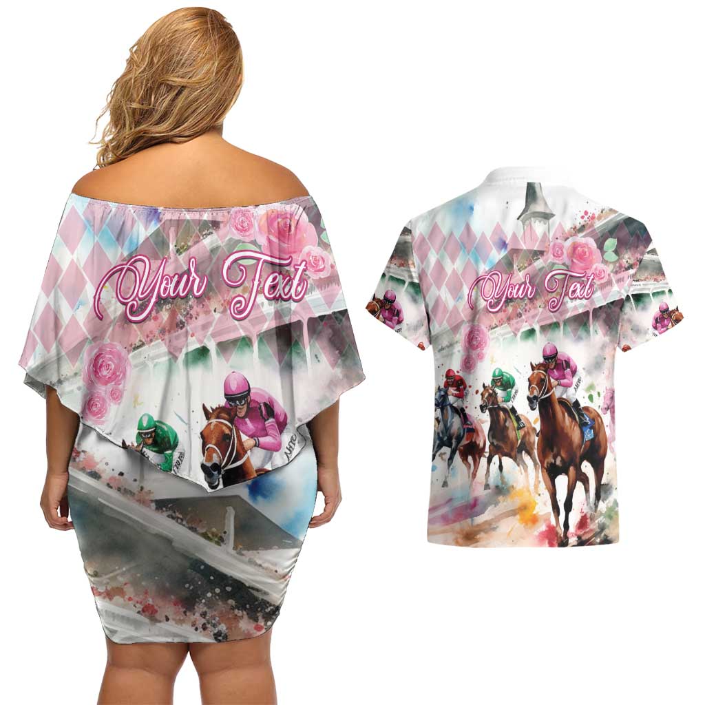 Personalized Kentucky Horse Racing Couples Matching Off Shoulder Short Dress and Hawaiian Shirt 151st Anniversary Run For The Roses