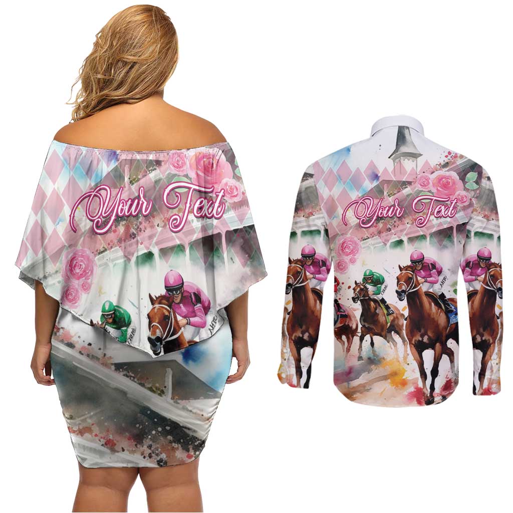 Personalized Kentucky Horse Racing Couples Matching Off Shoulder Short Dress and Long Sleeve Button Shirt 151st Anniversary Run For The Roses