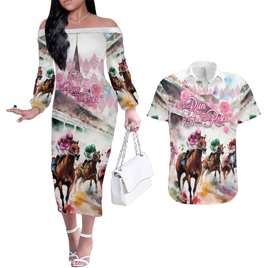 Personalized Kentucky Horse Racing Couples Matching Off The Shoulder Long Sleeve Dress and Hawaiian Shirt 151st Anniversary Run For The Roses