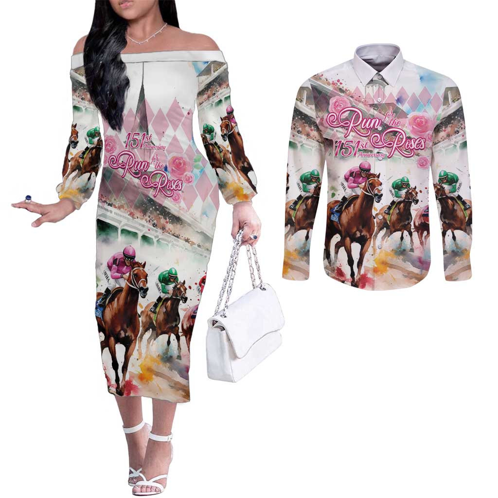 Personalized Kentucky Horse Racing Couples Matching Off The Shoulder Long Sleeve Dress and Long Sleeve Button Shirt 151st Anniversary Run For The Roses