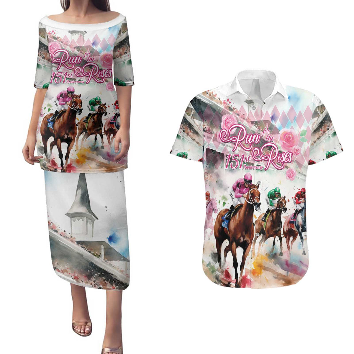 Personalized Kentucky Horse Racing Couples Matching Puletasi and Hawaiian Shirt 151st Anniversary Run For The Roses