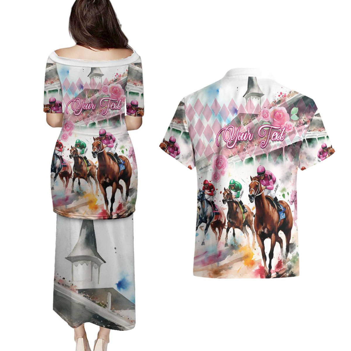Personalized Kentucky Horse Racing Couples Matching Puletasi and Hawaiian Shirt 151st Anniversary Run For The Roses