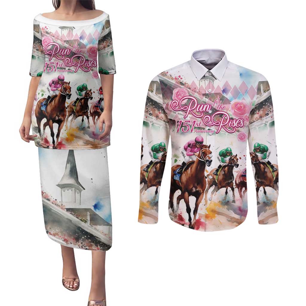 Personalized Kentucky Horse Racing Couples Matching Puletasi and Long Sleeve Button Shirt 151st Anniversary Run For The Roses