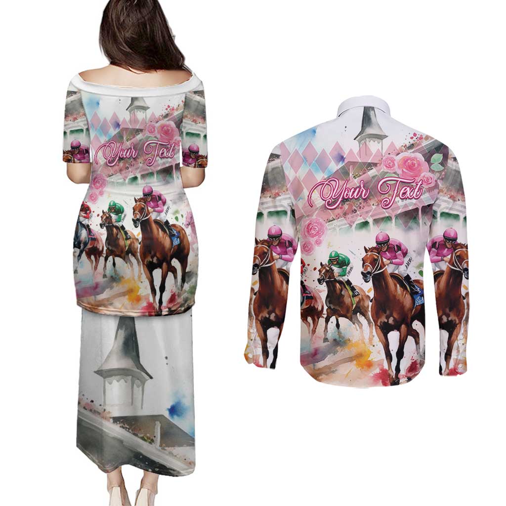 Personalized Kentucky Horse Racing Couples Matching Puletasi and Long Sleeve Button Shirt 151st Anniversary Run For The Roses