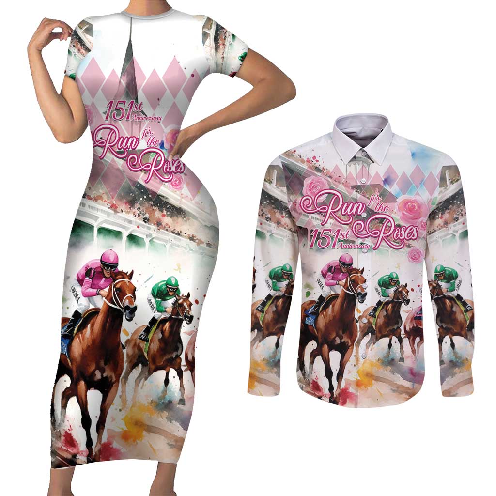 Personalized Kentucky Horse Racing Couples Matching Short Sleeve Bodycon Dress and Long Sleeve Button Shirt 151st Anniversary Run For The Roses