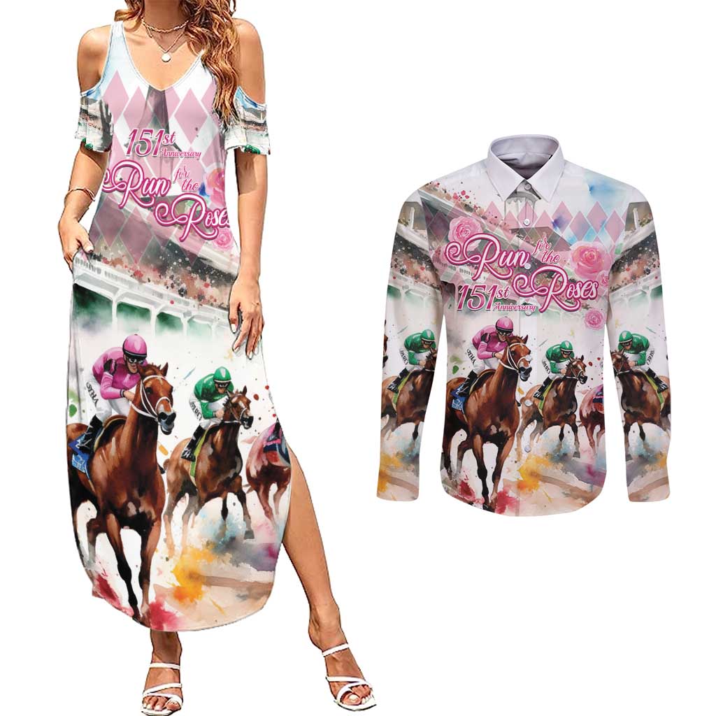 Personalized Kentucky Horse Racing Couples Matching Summer Maxi Dress and Long Sleeve Button Shirt 151st Anniversary Run For The Roses