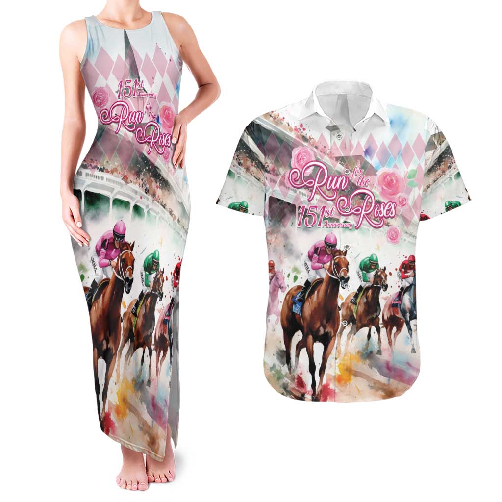 Personalized Kentucky Horse Racing Couples Matching Tank Maxi Dress and Hawaiian Shirt 151st Anniversary Run For The Roses