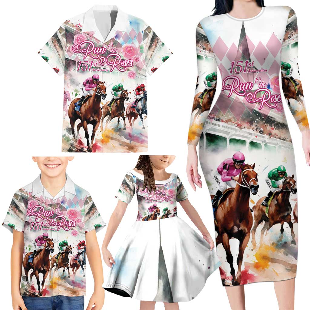 Personalized Kentucky Horse Racing Family Matching Long Sleeve Bodycon Dress and Hawaiian Shirt 151st Anniversary Run For The Roses