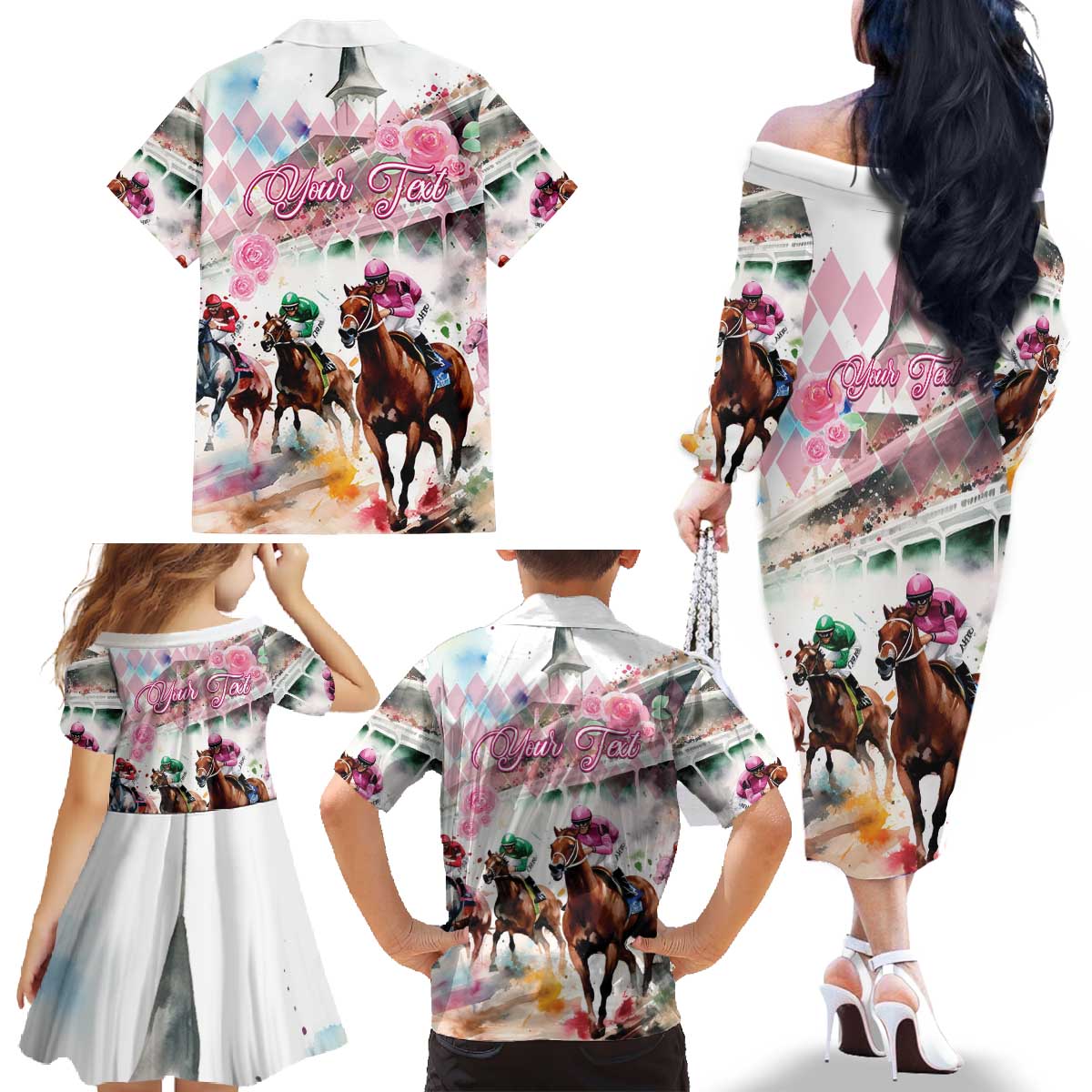 Personalized Kentucky Horse Racing Family Matching Off The Shoulder Long Sleeve Dress and Hawaiian Shirt 151st Anniversary Run For The Roses