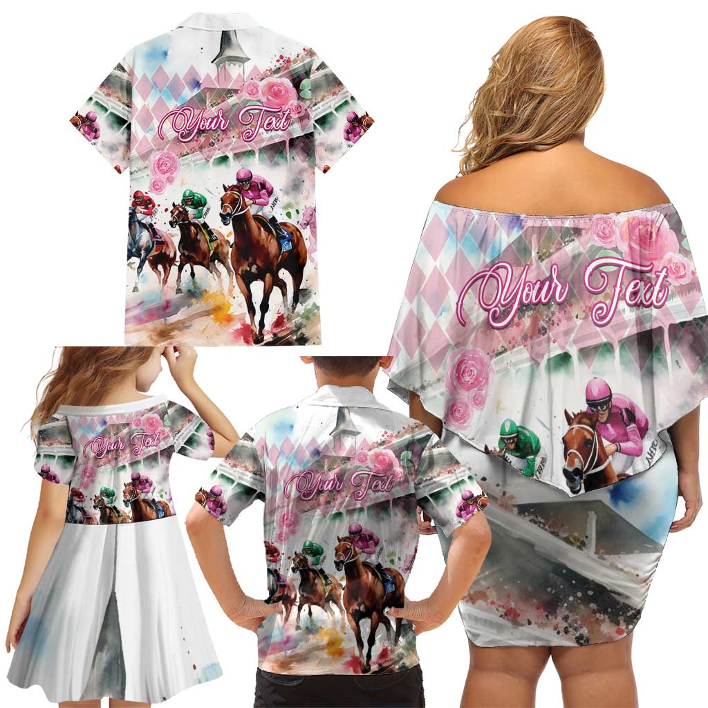 Personalized Kentucky Horse Racing Family Matching Off Shoulder Short Dress and Hawaiian Shirt 151st Anniversary Run For The Roses