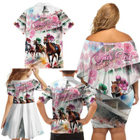 Personalized Kentucky Horse Racing Family Matching Off Shoulder Short Dress and Hawaiian Shirt 151st Anniversary Run For The Roses