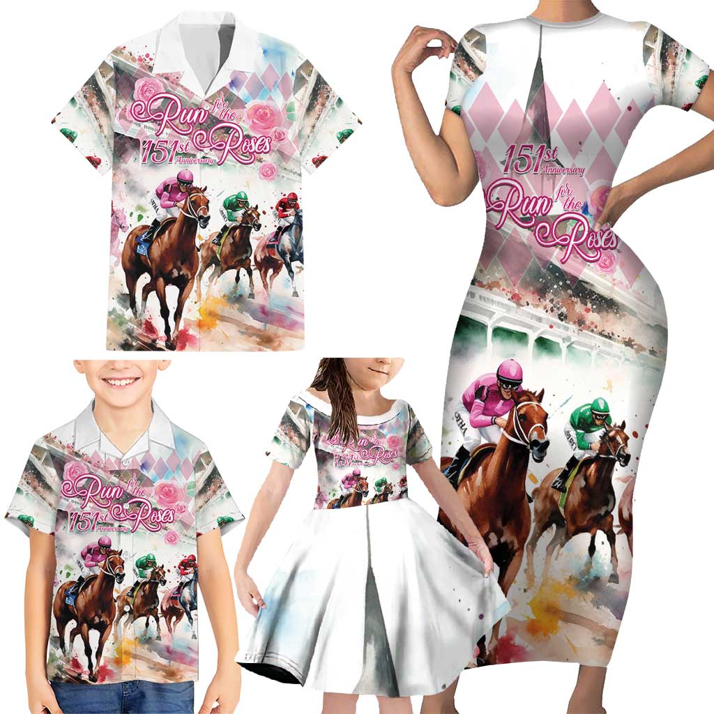 Personalized Kentucky Horse Racing Family Matching Short Sleeve Bodycon Dress and Hawaiian Shirt 151st Anniversary Run For The Roses