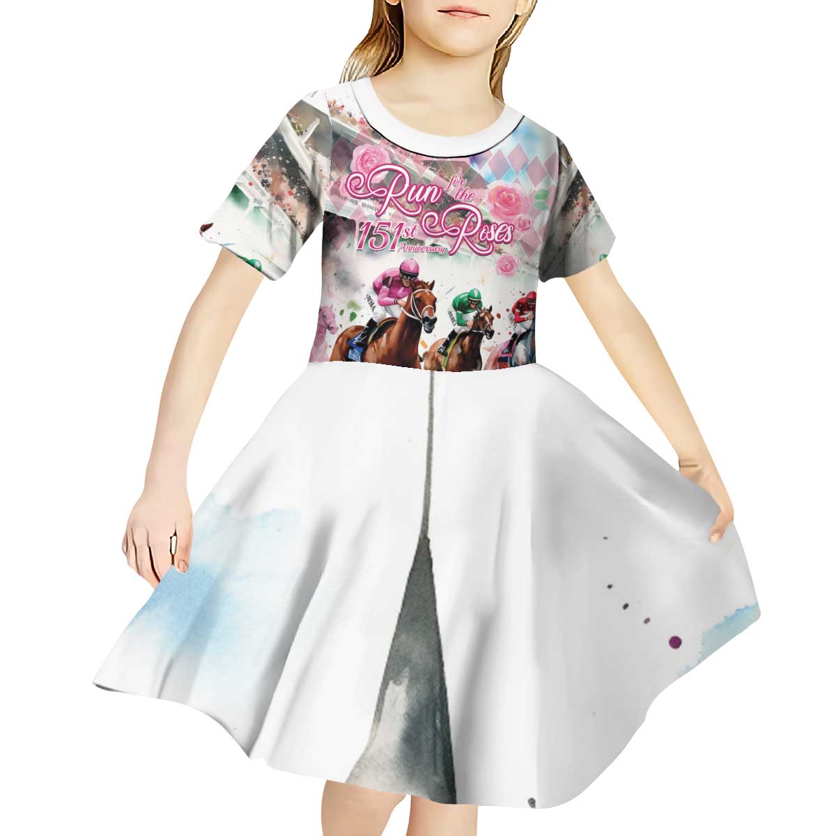 Personalized Kentucky Horse Racing Kid Short Sleeve Dress 151st Anniversary Run For The Roses