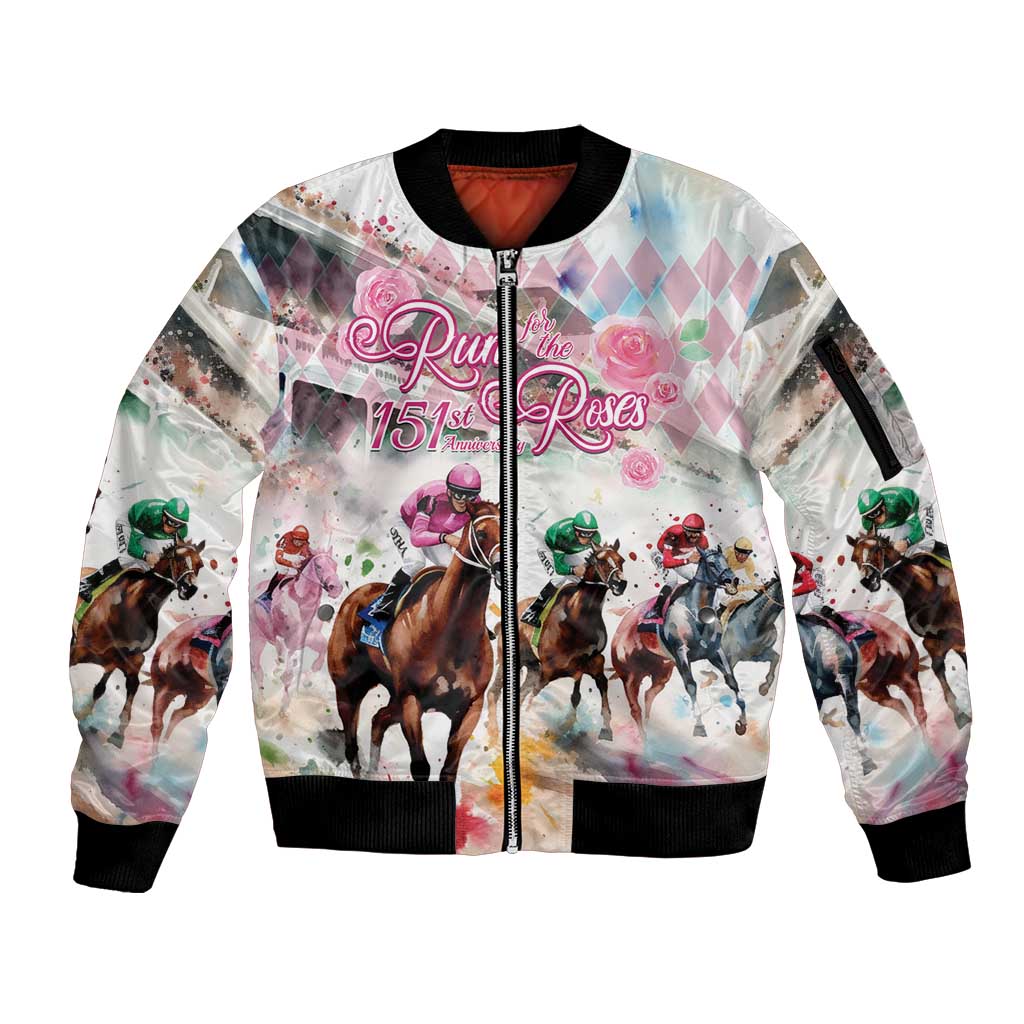 Personalized Kentucky Horse Racing Sleeve Zip Bomber Jacket 151st Anniversary Run For The Roses