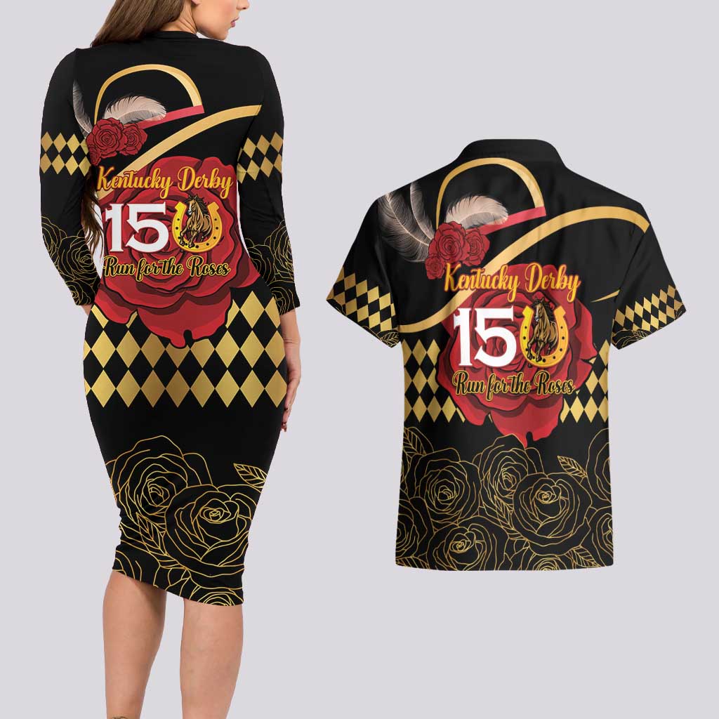 Kentucky Horse Racing Couples Matching Long Sleeve Bodycon Dress and Hawaiian Shirt Celebrating 151 Years Horseshoe With Roses