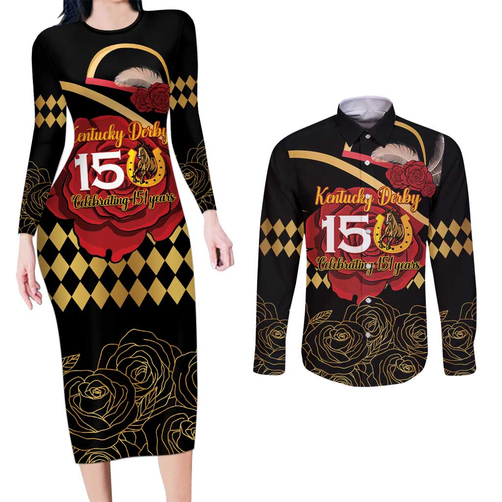 Kentucky Horse Racing Couples Matching Long Sleeve Bodycon Dress and Long Sleeve Button Shirt Celebrating 151 Years Horseshoe With Roses