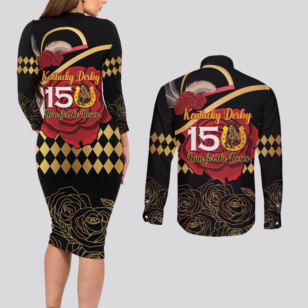 Kentucky Horse Racing Couples Matching Long Sleeve Bodycon Dress and Long Sleeve Button Shirt Celebrating 151 Years Horseshoe With Roses