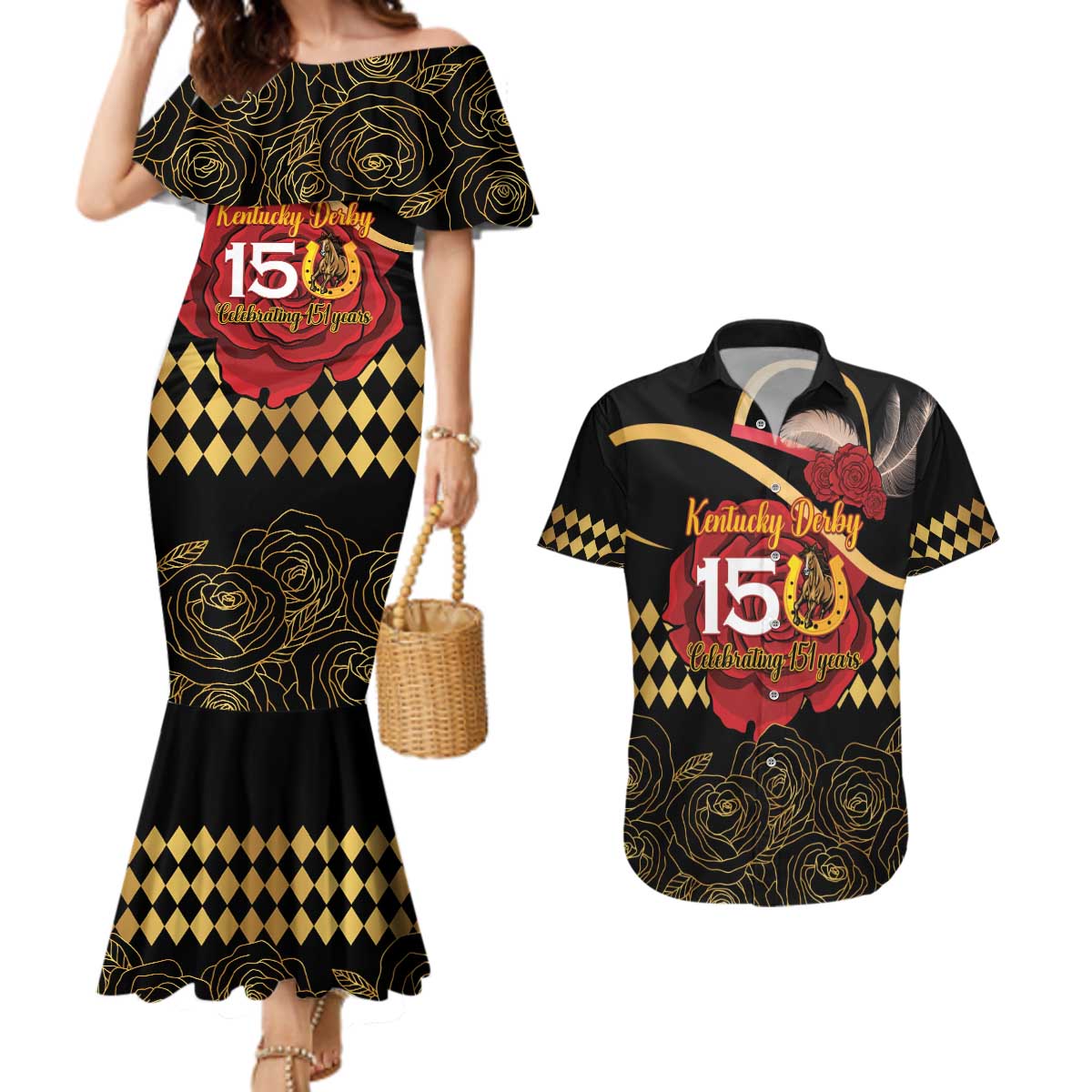 Kentucky Horse Racing Couples Matching Mermaid Dress and Hawaiian Shirt Celebrating 151 Years Horseshoe With Roses
