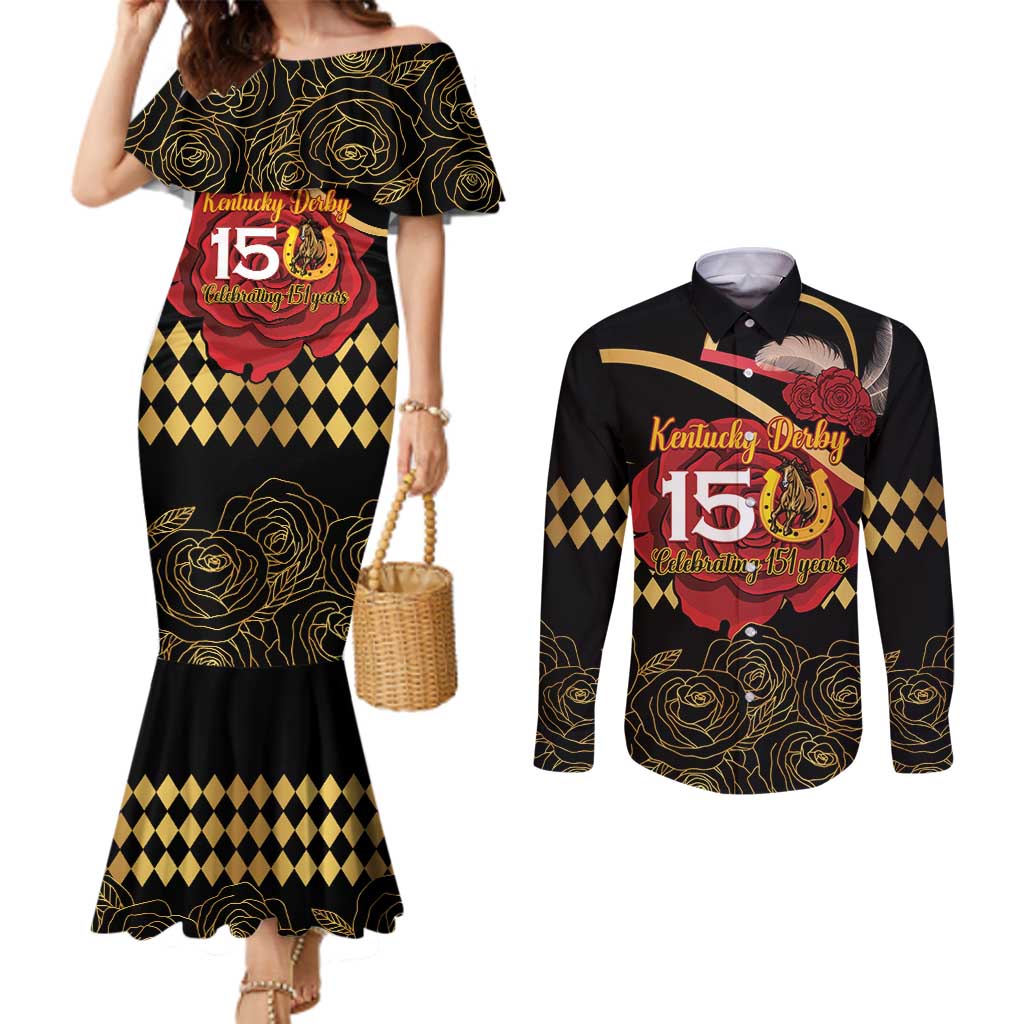 Kentucky Horse Racing Couples Matching Mermaid Dress and Long Sleeve Button Shirt Celebrating 151 Years Horseshoe With Roses
