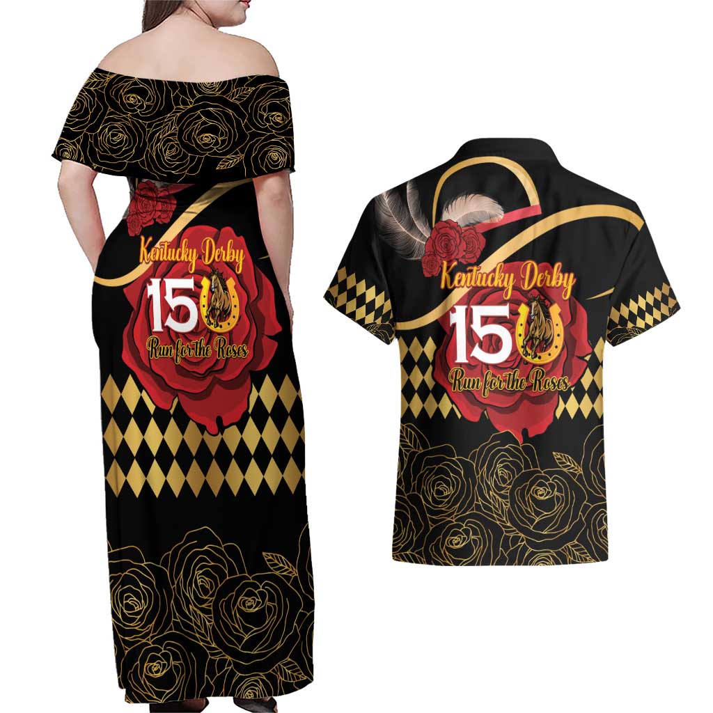 Kentucky Horse Racing Couples Matching Off Shoulder Maxi Dress and Hawaiian Shirt Celebrating 151 Years Horseshoe With Roses