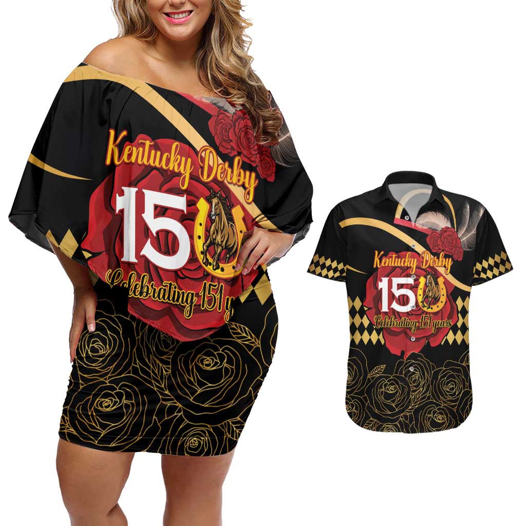Kentucky Horse Racing Couples Matching Off Shoulder Short Dress and Hawaiian Shirt Celebrating 151 Years Horseshoe With Roses