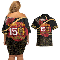 Kentucky Horse Racing Couples Matching Off Shoulder Short Dress and Hawaiian Shirt Celebrating 151 Years Horseshoe With Roses