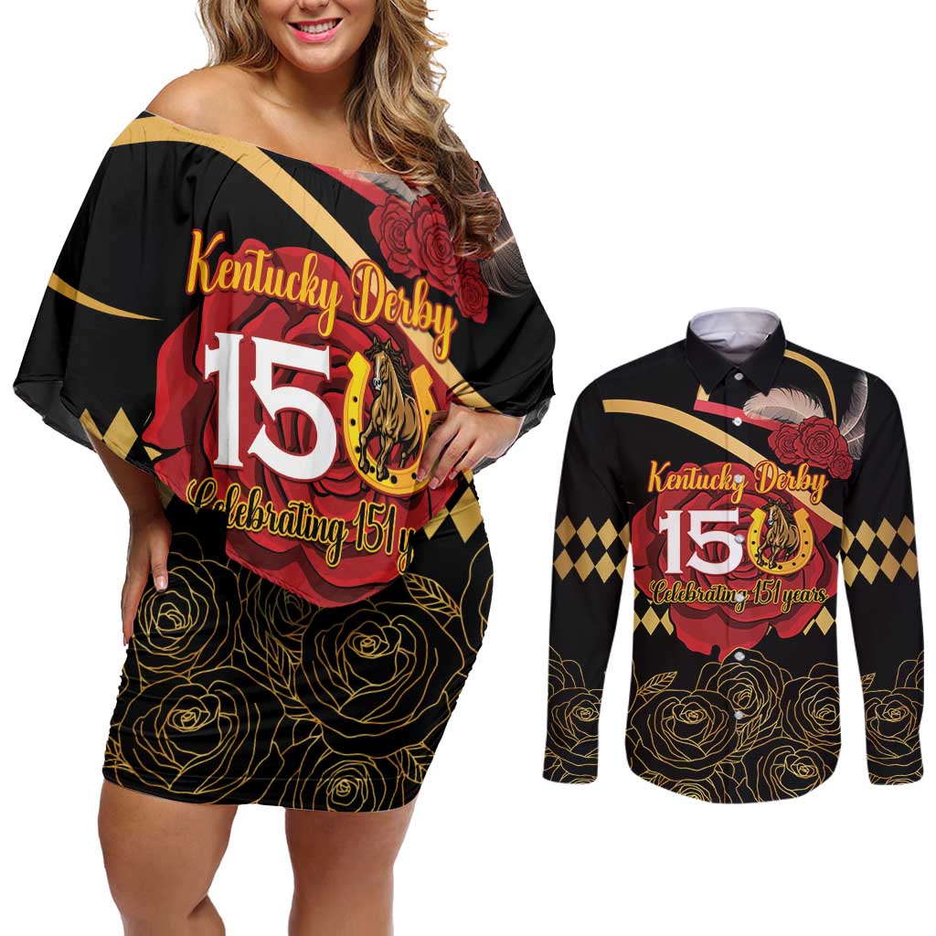 Kentucky Horse Racing Couples Matching Off Shoulder Short Dress and Long Sleeve Button Shirt Celebrating 151 Years Horseshoe With Roses