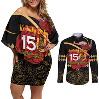 Kentucky Horse Racing Couples Matching Off Shoulder Short Dress and Long Sleeve Button Shirt Celebrating 151 Years Horseshoe With Roses