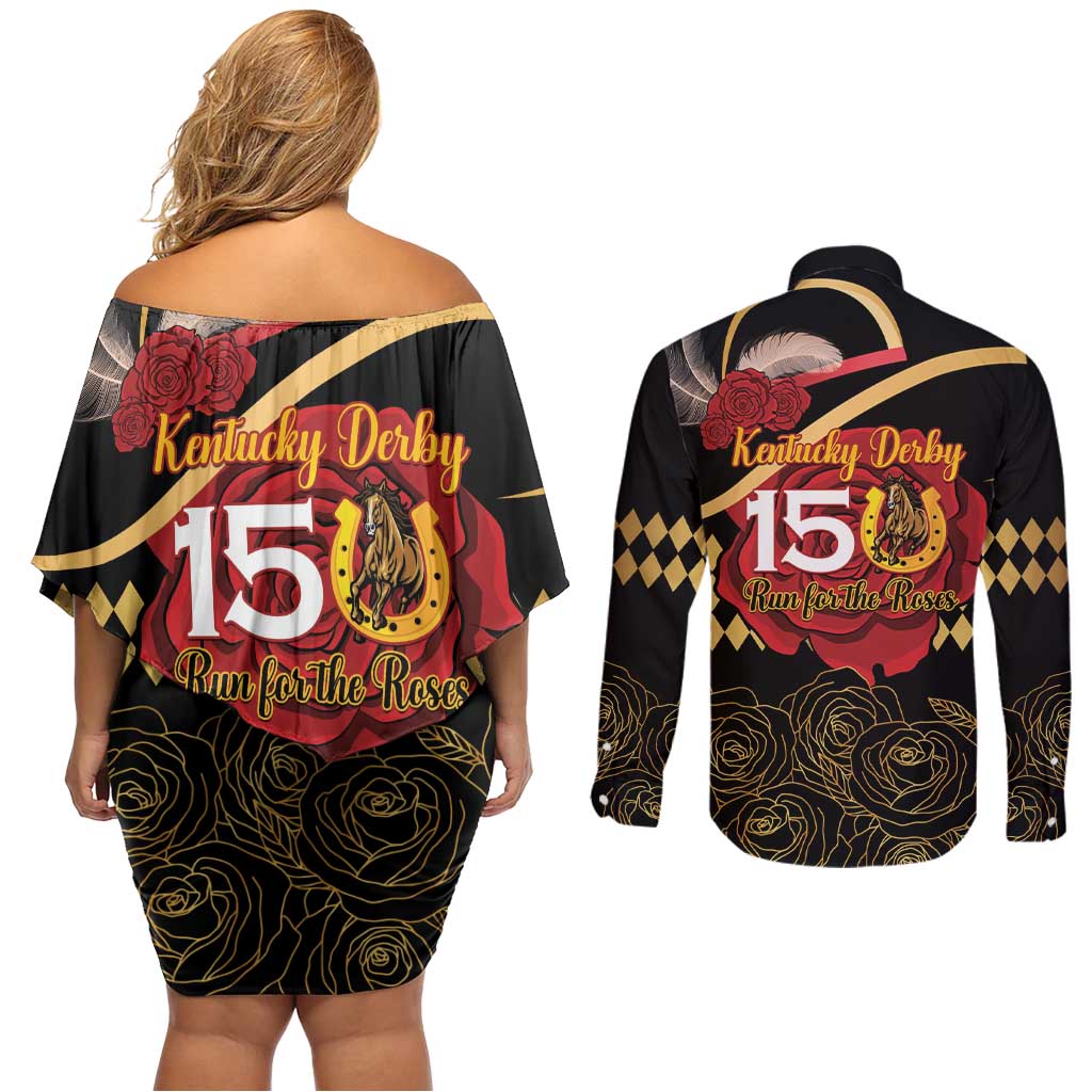 Kentucky Horse Racing Couples Matching Off Shoulder Short Dress and Long Sleeve Button Shirt Celebrating 151 Years Horseshoe With Roses