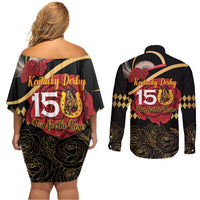 Kentucky Horse Racing Couples Matching Off Shoulder Short Dress and Long Sleeve Button Shirt Celebrating 151 Years Horseshoe With Roses