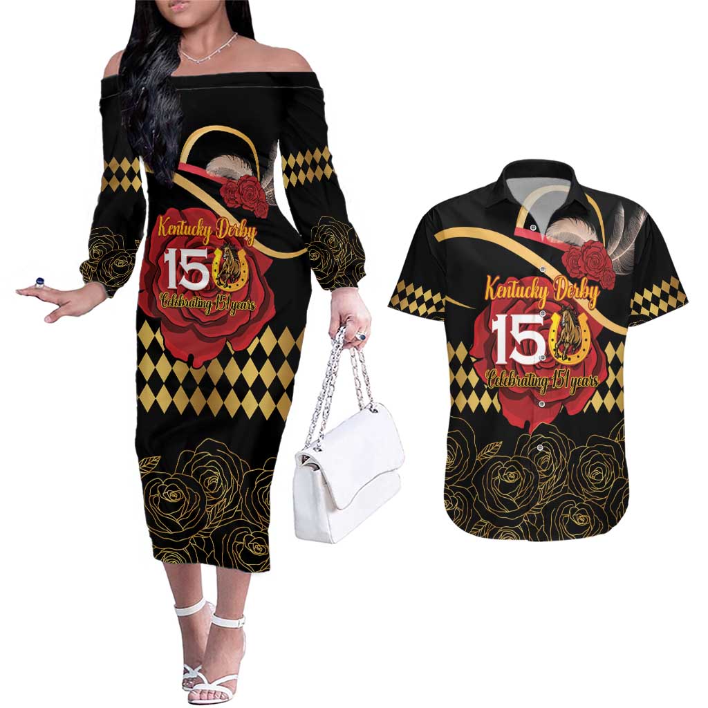 Kentucky Horse Racing Couples Matching Off The Shoulder Long Sleeve Dress and Hawaiian Shirt Celebrating 151 Years Horseshoe With Roses