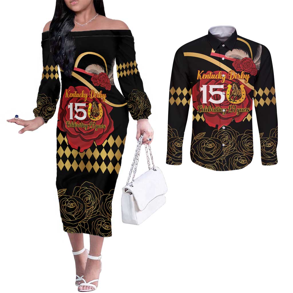 Kentucky Horse Racing Couples Matching Off The Shoulder Long Sleeve Dress and Long Sleeve Button Shirt Celebrating 151 Years Horseshoe With Roses