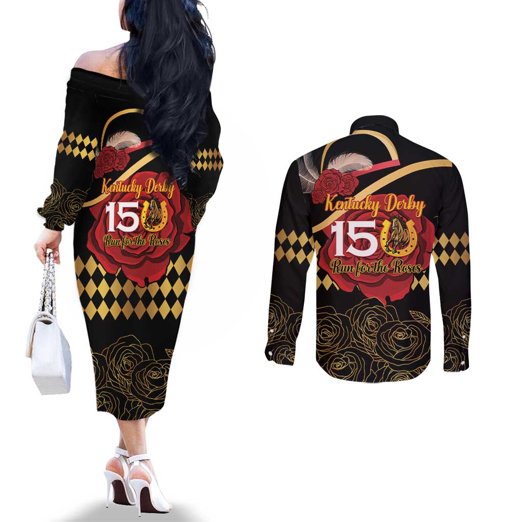 Kentucky Horse Racing Couples Matching Off The Shoulder Long Sleeve Dress and Long Sleeve Button Shirt Celebrating 151 Years Horseshoe With Roses
