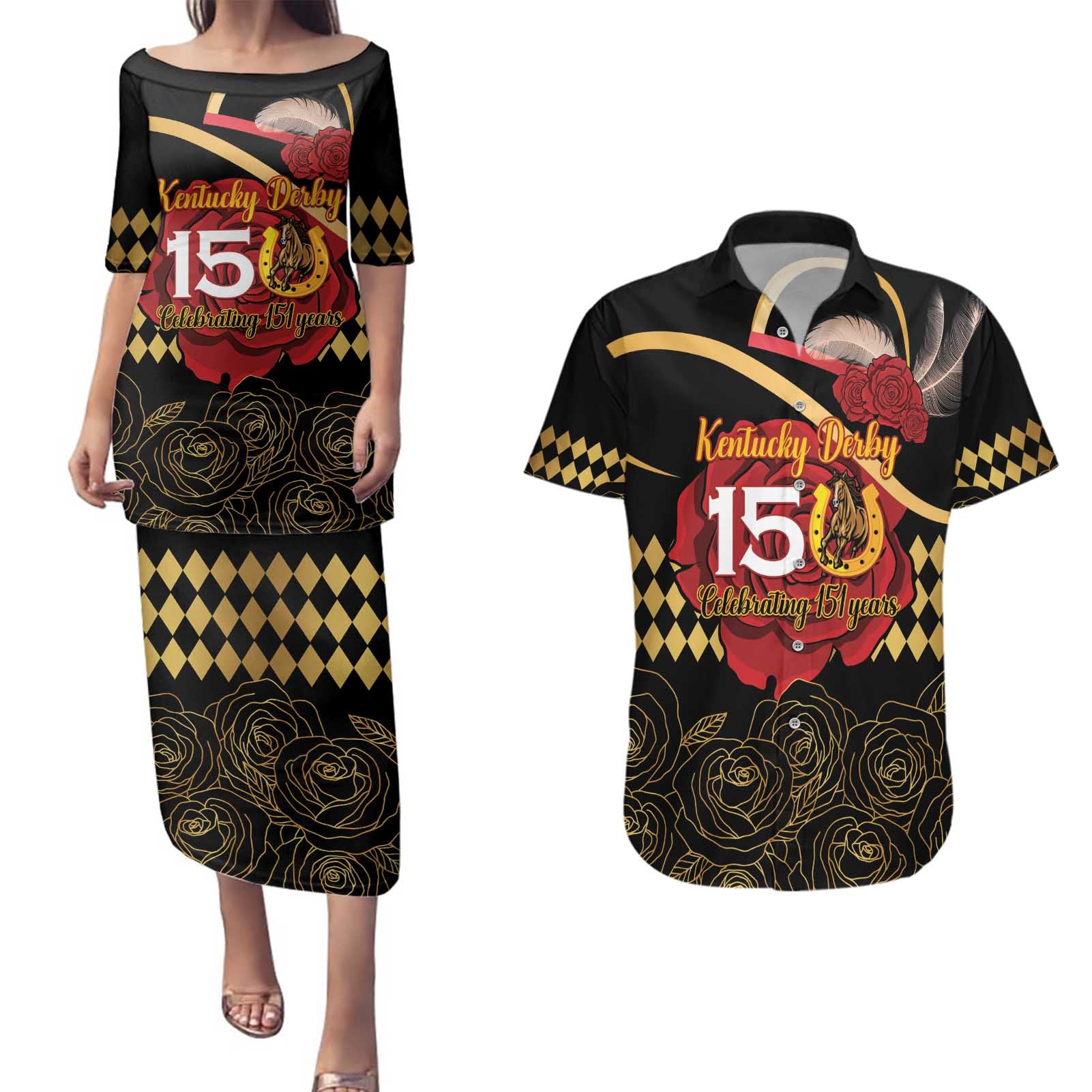 Kentucky Horse Racing Couples Matching Puletasi and Hawaiian Shirt Celebrating 151 Years Horseshoe With Roses