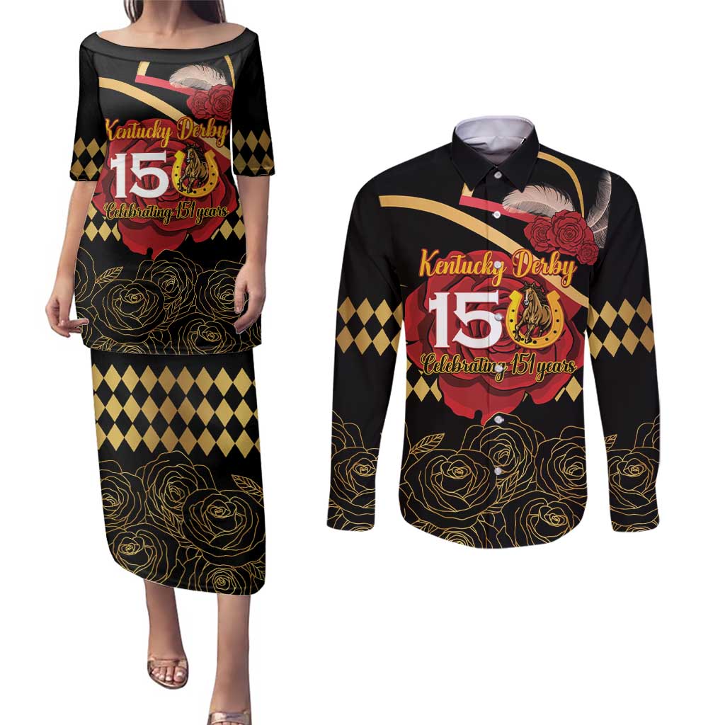 Kentucky Horse Racing Couples Matching Puletasi and Long Sleeve Button Shirt Celebrating 151 Years Horseshoe With Roses