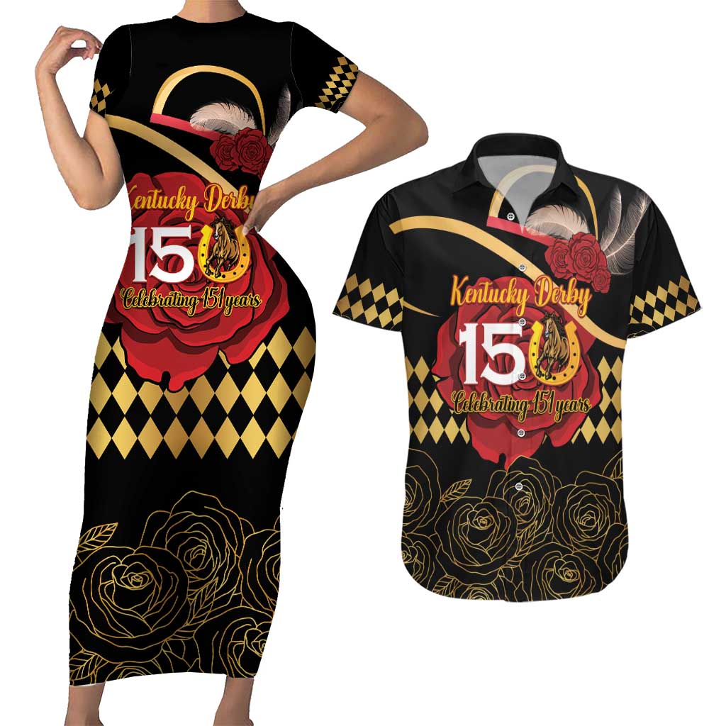 Kentucky Horse Racing Couples Matching Short Sleeve Bodycon Dress and Hawaiian Shirt Celebrating 151 Years Horseshoe With Roses