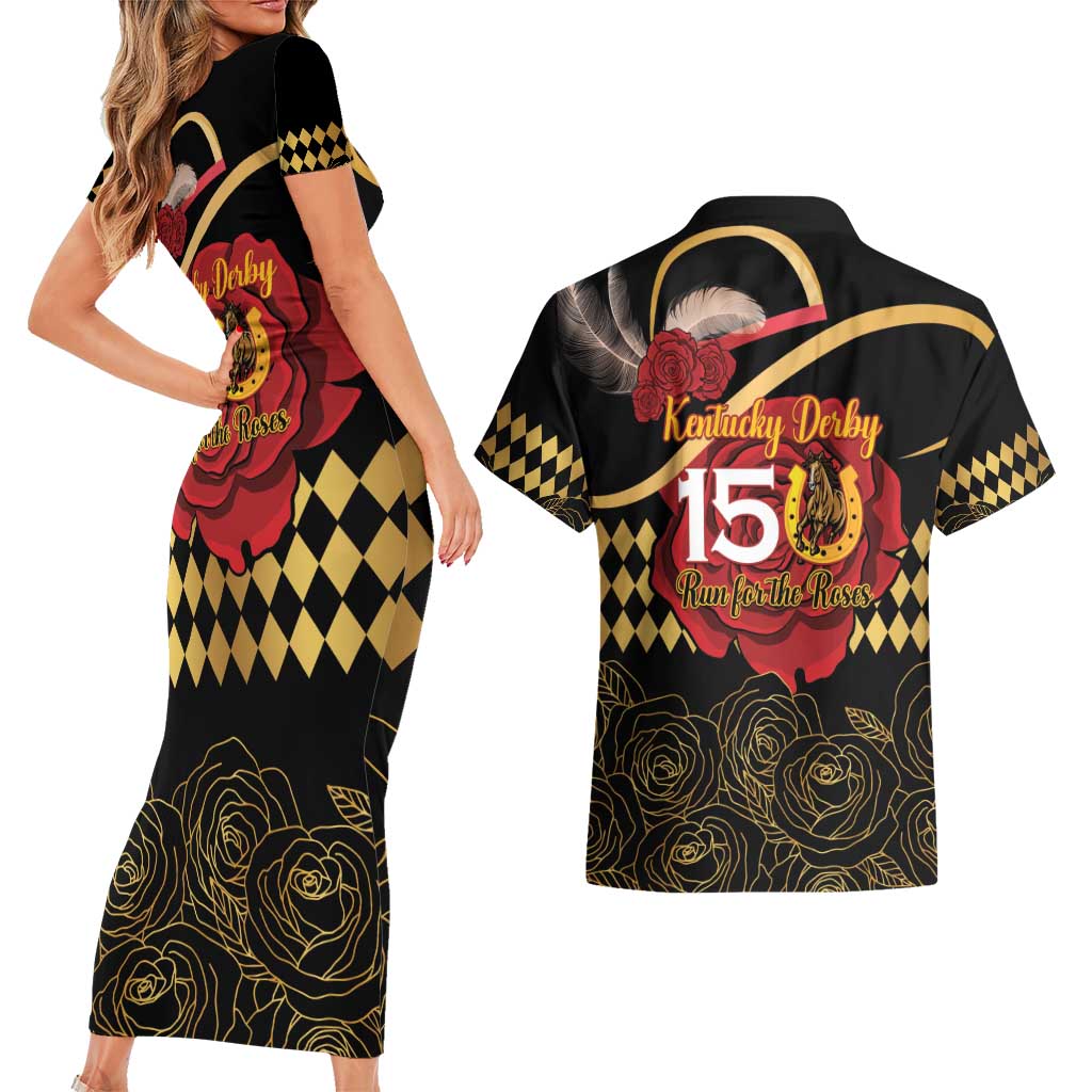 Kentucky Horse Racing Couples Matching Short Sleeve Bodycon Dress and Hawaiian Shirt Celebrating 151 Years Horseshoe With Roses