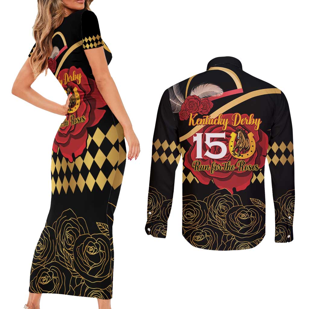 Kentucky Horse Racing Couples Matching Short Sleeve Bodycon Dress and Long Sleeve Button Shirt Celebrating 151 Years Horseshoe With Roses