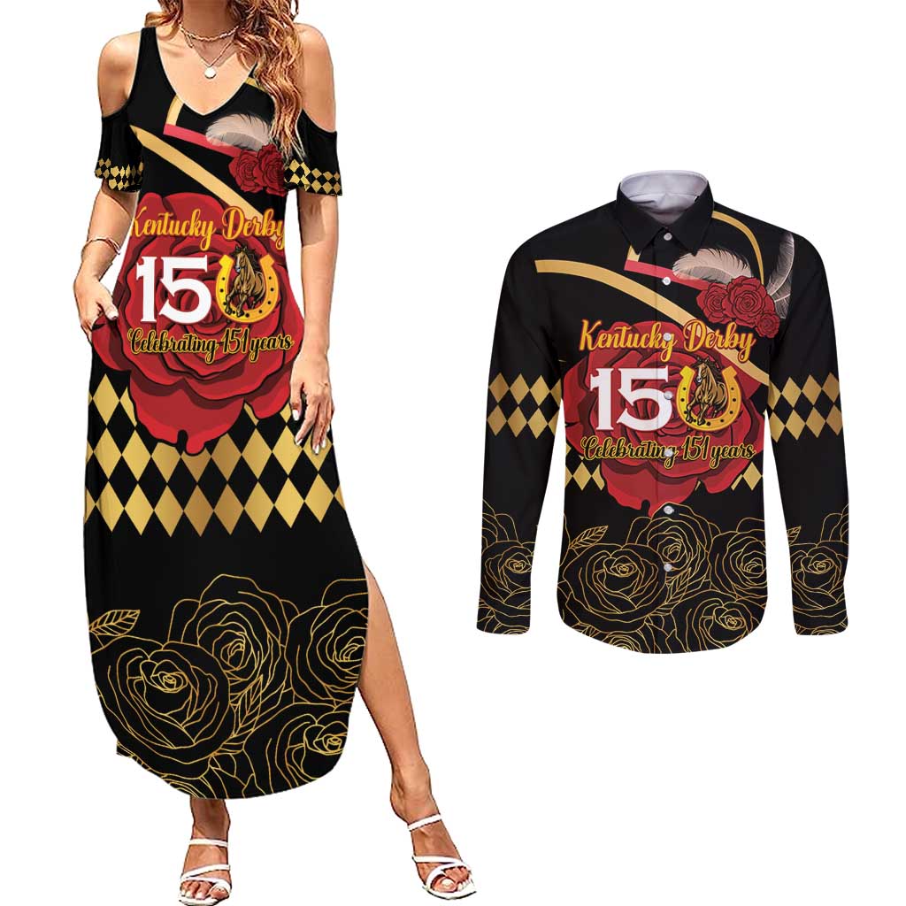 Kentucky Horse Racing Couples Matching Summer Maxi Dress and Long Sleeve Button Shirt Celebrating 151 Years Horseshoe With Roses