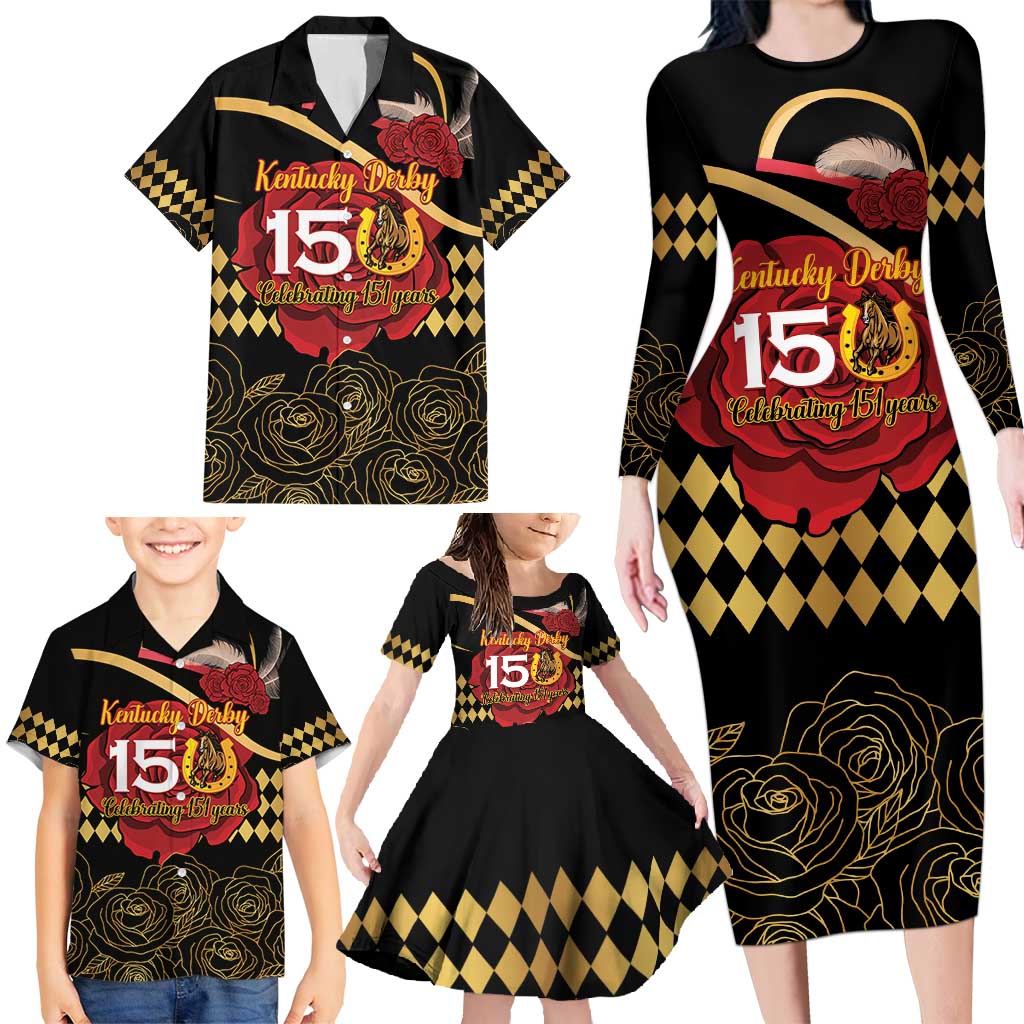 Kentucky Horse Racing Family Matching Long Sleeve Bodycon Dress and Hawaiian Shirt Celebrating 151 Years Horseshoe With Roses