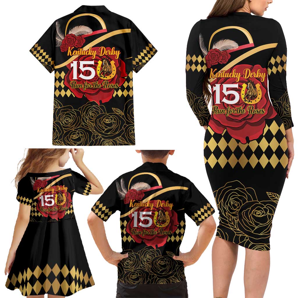 Kentucky Horse Racing Family Matching Long Sleeve Bodycon Dress and Hawaiian Shirt Celebrating 151 Years Horseshoe With Roses