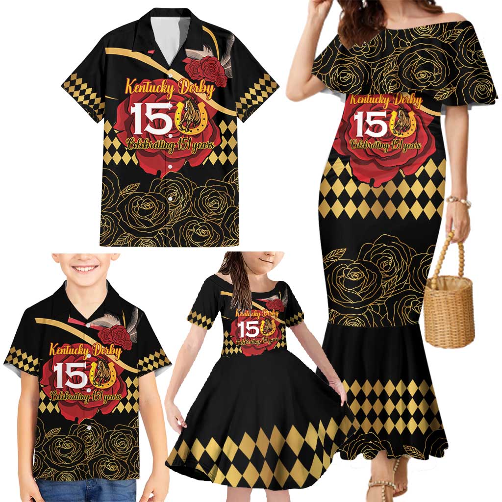 Kentucky Horse Racing Family Matching Mermaid Dress and Hawaiian Shirt Celebrating 151 Years Horseshoe With Roses