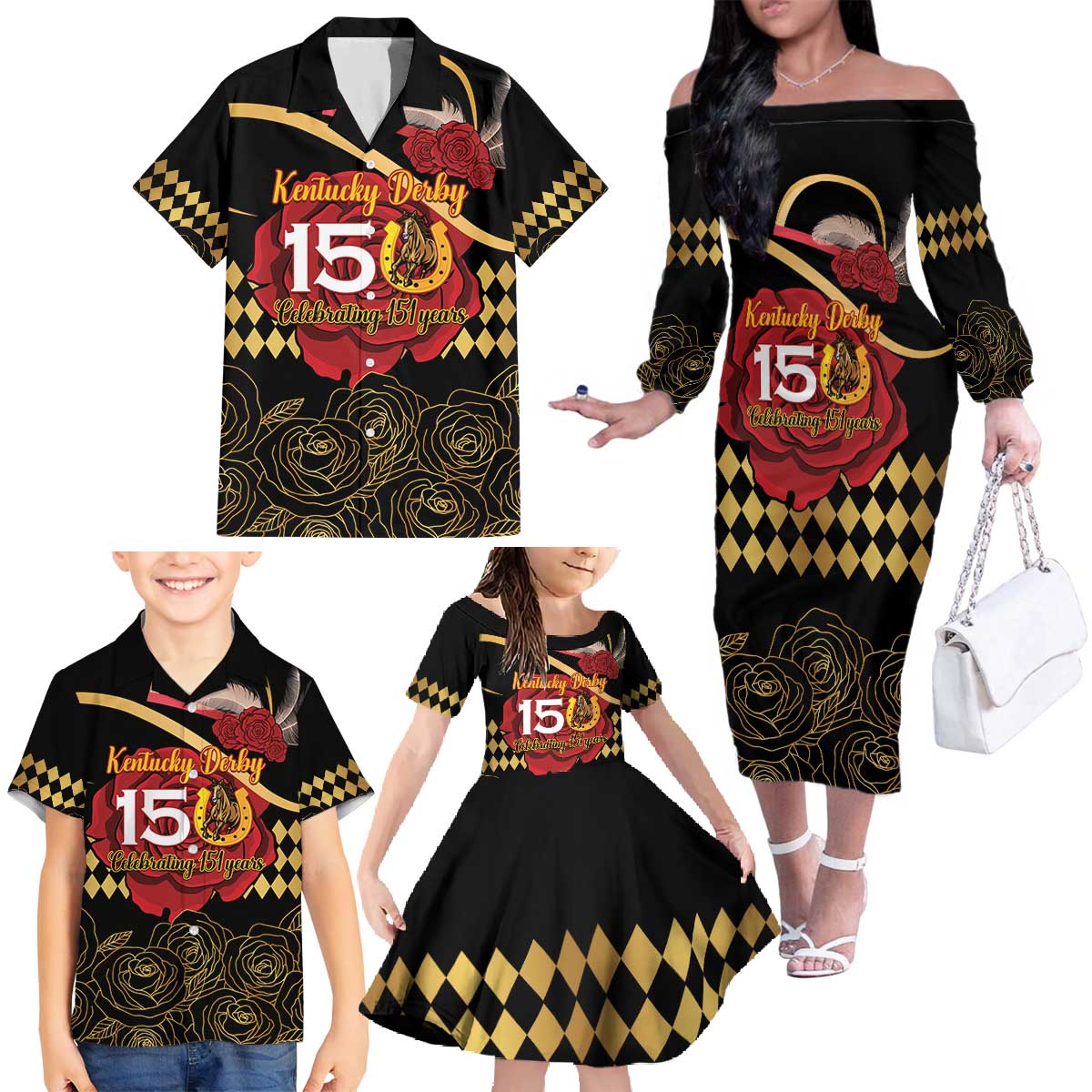 Kentucky Horse Racing Family Matching Off The Shoulder Long Sleeve Dress and Hawaiian Shirt Celebrating 151 Years Horseshoe With Roses