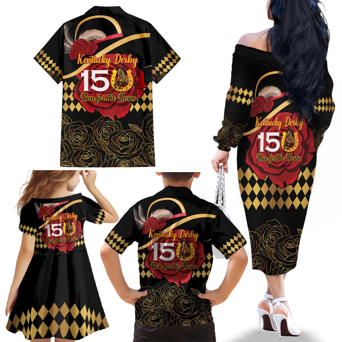 Kentucky Horse Racing Family Matching Off The Shoulder Long Sleeve Dress and Hawaiian Shirt Celebrating 151 Years Horseshoe With Roses